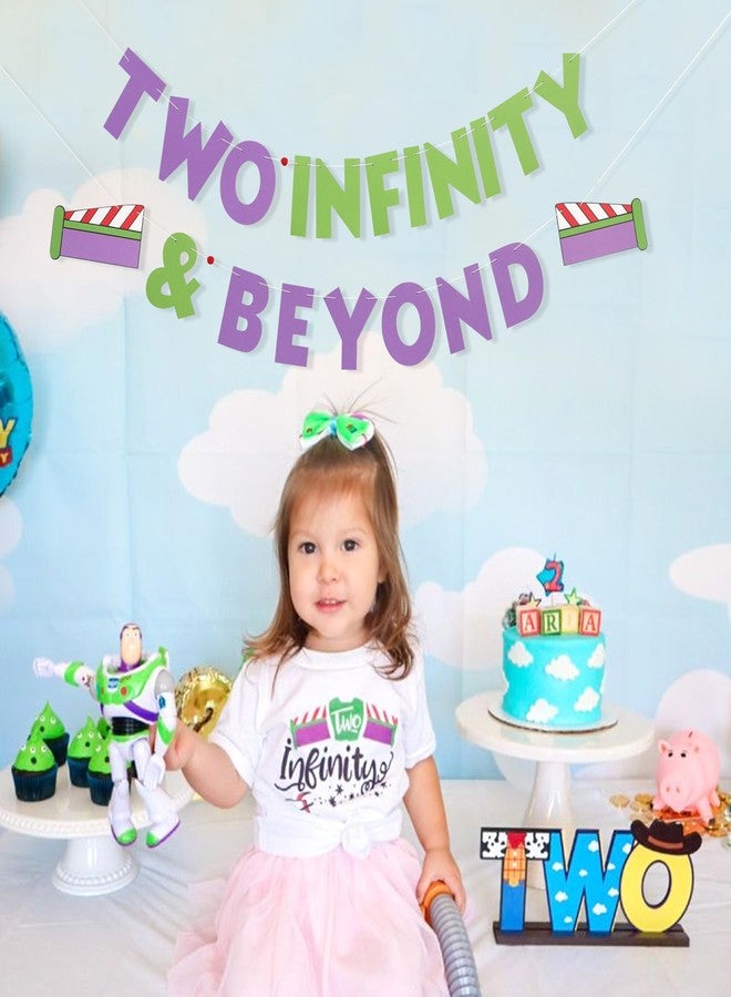 LINGANA Two Infinity and Beyond Toy Theme Cartoon Story Banner,Buzz Lightyear 2nd Birthday Decorations,Infinity & Beyond Party Photo Props,2nd Birthday Banner,Buzz Astronaut Space Travel Party Supplies - Image 5